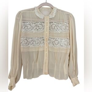 Vintage 1980s Ivory Pleated Lace Blouse with Peter Pan Collar Size 4